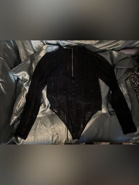 Black netted Long-Sleeve Bodysuit with Front Zipper